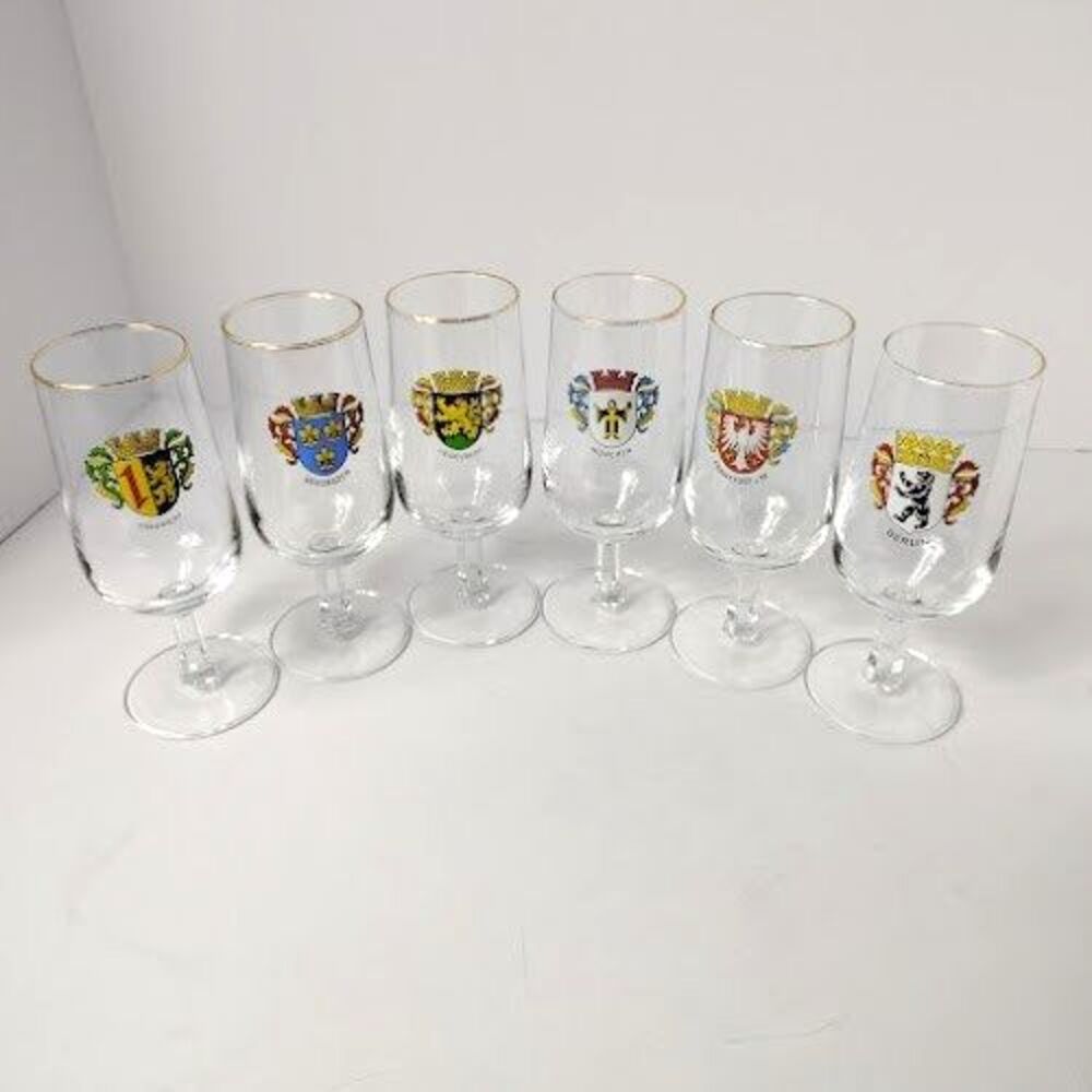 German Coat of Arms Wine Glasses Port Set of 6 Short Stem 6.5 Inch Vintage
